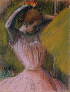 Danser arrangerer sit hår, ca. 1900-1912 (pastel på papir lagt på strakt papir) af Edgar Degas