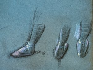 Danser fra ryg- og trefodsstudier (detalje). Omkring 1878. Kul og pastel på papir af Edgar Degas