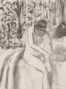Pige tager sine strømper på, 1876-77. af Edgar Degas