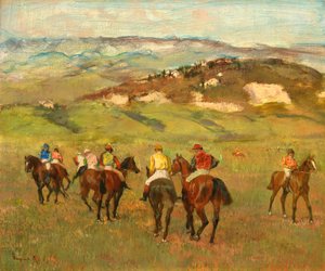 Jockeyer på hesteryg før Distant Hills, 1884 af Edgar Degas