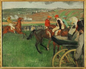 Væddeløbsbanen. Amatørjockeyer i nærheden af en vogn (olie på lærred) af Edgar Degas