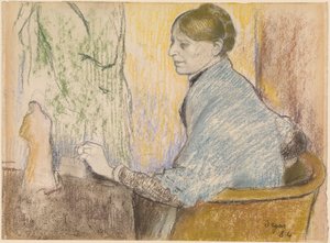 Madame Henri Rouart i en lænestol foran et lille bord med en Tanagra-statuette af Edgar Degas