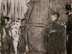 Mød Ludivic Halevy og Madame Cardinal bag kulisserne. Omkring 1876-1877. Monotype har sort blæk. af Edgar Degas