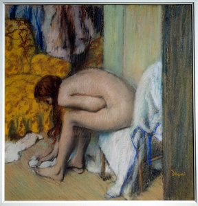 Nøgen kvinde tørrer sine fødder En kvinde har sit toilet. Maleri (monotype i sort blæk) af Edgar Degas (1834-1917). 1879-1893. Svag. 0,45x0,23 m. Paris, Musee d