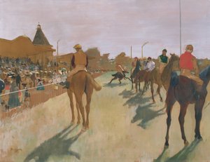 Paraden eller væddeløbshestene foran tribunerne, ca.1866-68 (olie på papir) af Edgar Degas