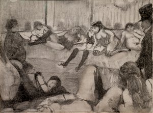 Salonen. 1879. Monotype har sort blæk, pastelfarver. af Edgar Degas