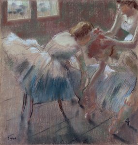 Tre dansere forbereder sig til undervisning, ca. 1880 (pastel på gulfarvet vævet papir) af Edgar Degas