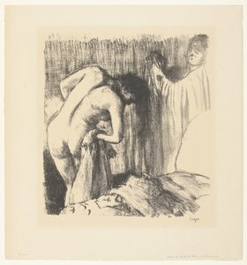 Kvinde tørrer af efter sit bad og får tøj fra kvinde La Sortie du bain af Edgar Degas