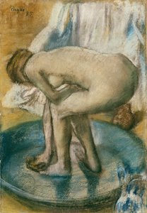 Kvinde bader i et lavt kar, 1885 (kul og pastel på lysegrønt vævet papir lagt på silkebolt)