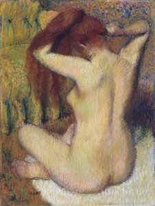 Kvinde kæmmer sit hår, ca. 1888-90 (pastel på lysegrønt vævet papir fastgjort til montering)
