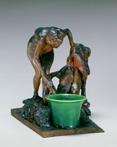 Kvinde vasker sit venstre ben, ca. 1890