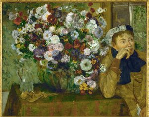 Kvinde læner sig op ad en vase med blomster (olie på lærred) af Edgar Degas