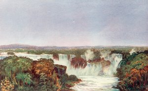 Delvis udsigt over faldene i Iguassu, krydset mellem Brasilien, Paraguay og Argentina, nærmet fra nord af det brasilianske jernbaneselskabs system (farve litho)