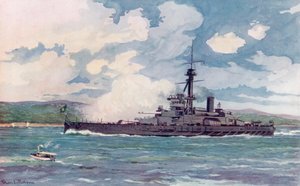 Den brasilianske Super-Dreadnought "Minas Geraes" nærmer sig Rio (farve litho)