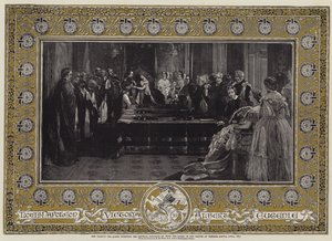 Hendes Majestæt Dronningen uddeler kaiser Napoleon III. med strømpebåndets orden på Windsor Castle, april 1855 af Edgar Melville Ward
