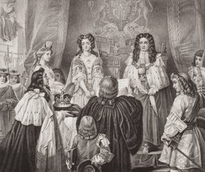 Kronen tilbudt til William og Mary af Lords and Commons i Whitehall den 12. februar 1689 fra `Illustrationer af engelsk og skotsk historie