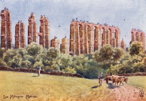 Nordspanien: Merida, "Los Milagros," ruinerne af Den Store Akvædukt (farve litho)