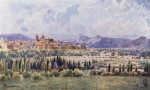 Nordspanien: Pamplona, fra vejen til grænsen (farve litho) af Edgar T. A. Wigram
