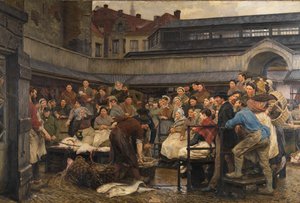Det gamle fiskemarked i Antwerpen i 1882 (olie på lærred) af Edgard Farasyn