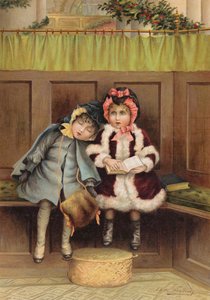 To piger i kirken julemorgen (chromolitho) af Edith S. Berkeley