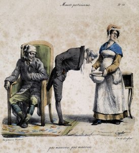 Syg, læge kigger i gryden og tjener. Tegneserie af parisisk moral af Pigal (1800-tallet), bevaret på Musee Dobree i Nantes. af Edme Jean (after) Pigal