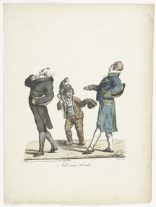 Mand og hans tjener går hovmodigt forbi en tiggende dreng Tel maître, tel valet (titel på objekt)