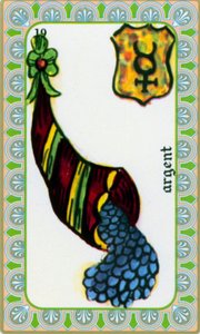 Magus tarot Belline piirtänyt Edmond Billaudot c. 1845 ja annettiin selvänäkijä Bellinelle uudelleen liikkeeseen laskettavaksi: rahakortti: kolikot runsauden sarvessa af Edmond Billaudot