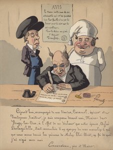 En borgmester skriver en meddelelse (farve litho)