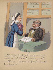 En mor registrerer sin baby på rådhuset (farve litho)