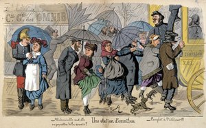 En omnibusstation i regnen - humoristisk tegning af Lavrate, omkring 1880