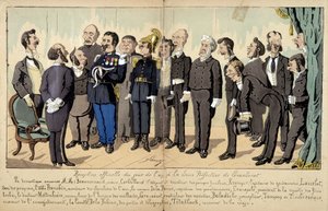 Tegneserie om det franske samfund af Lavrate: de forskellige personer fra embedsværket, administrative tjenester... ved en officiel reception. 1880