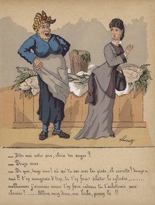 Samtale ved en fiskehandlers bod (farve litho)