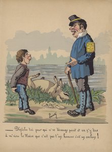 Vildtholder og dreng med en død gris (farve litho)