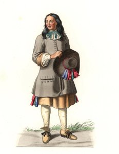 Fransk bonde fra det 17. århundrede, efter en gravering fra 1679, af Jean Saint Jean - Litografi af en illustration af Edmond Lechevallier-Chevignard (1825-1902), fra "Costumes historiques des 16e" af Edmond Lechevallier Chevignard