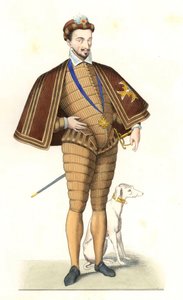 Kong Henrik III af Frankrig (1551-1589), iført halskæde af Helligåndsordenen - Litografi efter en illustration af Edmond Lechevallier-Chevignard (1825-1902), fra "Costumes historiques des 16th"