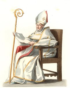 Spansk Eveque 16. århundrede, baseret på et maleri af Bartolome Murillo (1617-1682) - Litografi baseret på en illustration af Edmond Lechevallier-Chevignard (1825-1902), fra "Costumes historiques des 16th" af Edmond Lechevallier Chevignard