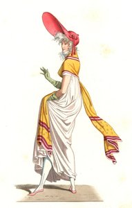Ung fransk kvinde klædt som det vidundere i det 18. århundrede efter et maleri af Carle Vernet (1758-1836) - Litografi efter en illustration af Edmond Lechevallier-Chevignard (1825-1902), fra "Costumes historiques des 16th" af Edmond Lechevallier Chevignard