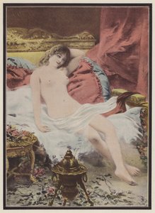 Delerium, kvinde sidder på en sofa (farve litho) af Edmond Louis Dupain