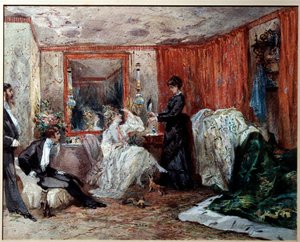 Teaterkomikeren Hortense Schneider (1833-1920), Jacques Offenbachs (1819-1890) elskerinde, repræsenterer til venstre i sit omklædningsrum på Theatre des varietes. Akvarel af Edmond Morin (1824-1882) 1873 Compiegne, Castle Museum af Edmond Morin
