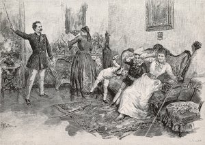To kvinder og to børn skræmt af intimiderende mand, gravering fra illustration af Edoardo Matania til bogen Military Life in Italy af Edmondo De Amicis (1846-1908), fra L
