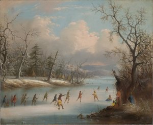 Indianere der spiller lacrosse på isen, 1859 af Edmund C. Coates