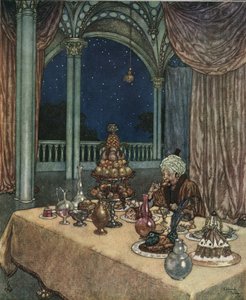 Skønheden og udyret: Belles far ankommer til slottet og opdager et bord fyldt med madvarer, ca. 1910 (litografi) af Edmund Dulac