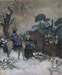 Skønheden og udyret: Belle, der har indvilliget i at tage sin fars plads som fange i Bete for at befri ham, går mod slottet, ca. 1910 (litografi) af Edmund Dulac