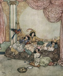 Blåskæg: Blåskægs unge kone, Fatima, inviterer sine venner hjem til sig, mens hendes mand er ude at rejse ca. 1910 (litografi) af Edmund Dulac