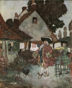 Askepot (Cinderella): ministeren leder i alle kongerigets hytter og huse efter pigen, der har mistet sin vairsko c.1910 (litografi) af Edmund Dulac