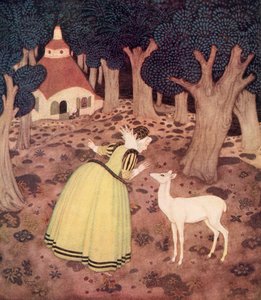 "Giroflee takkede feen og gik langt ind i skoven; og der så hun ganske rigtigt en hytte og en gammel kvinde sidde udenfor", illustration fra det franske eventyr The Hind of the Wood, fra Edmund Dulac