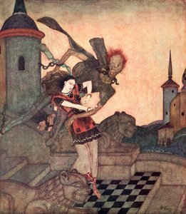 "Prinsen kiggede ud og så ham gribe prinsessen og flyve hurtigt væk", illustration fra det serbiske eventyr The Story of Bashtchelik, fra Edmund Dulac