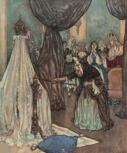 Den sovende skønhed: en gammel fee læner sig ind over prinsessens krybbe og forbander hende, ca. 1910 (litografi)