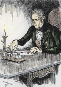Dr. jekyll lukker brevet, hvor han tilstår at være morderen Mr Hyde, Illustration af Edmund Joseph Sullivan (1869-1933) til romanen L
