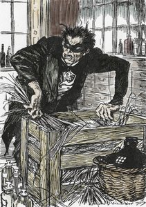 Dr. jekyll søger desperat efter pulveret, der giver ham mulighed for at forringe sin karakter af Mr Hyde, Illustration af Edmund Joseph Sullivan (1869-1933) til romanen L
